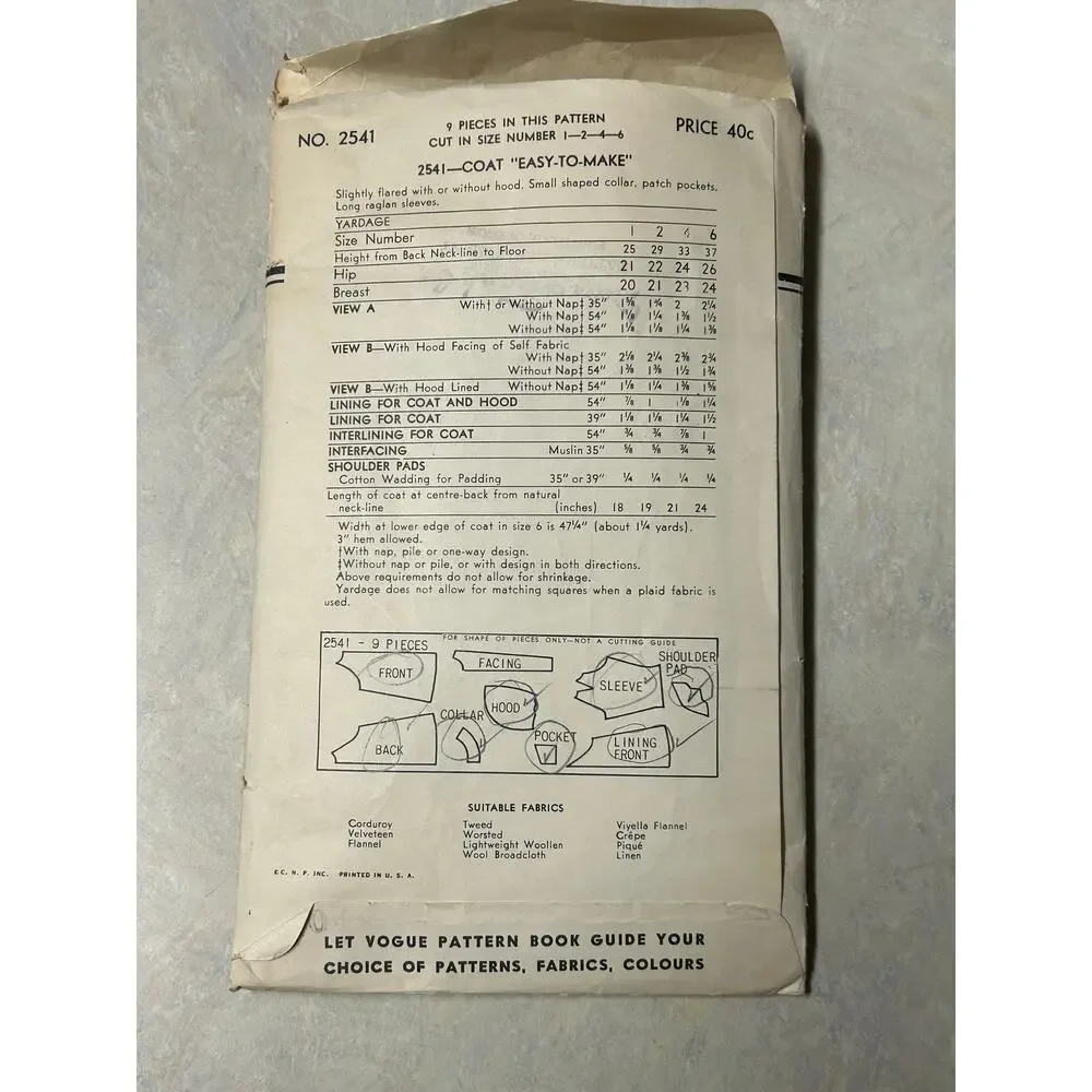 Vintage 1950's Vogue Pattern #2541 Childs Flare Swing Coat Size‎ 4 Years HTF